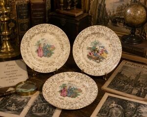 Set of 3 Royal China Nautilus 22K Gold Bread Dessert Plates Vintage USA